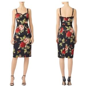 Black Halo Black Floral Backless Sheath Dress with Red & Pink Roses